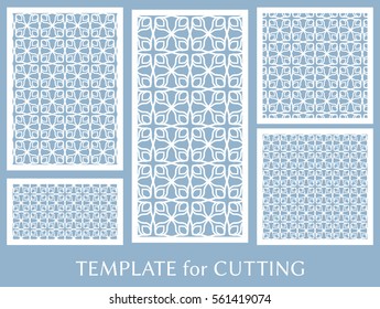 Decorative panels set for laser cutting. Geometric ornament for wedding invitation, envelope, greeting or business cards, Template for paper cut, printing, engraving wood, metal. Stencil manufacturing