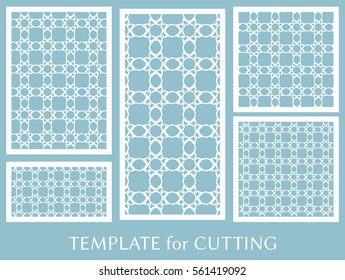 Decorative panels set for laser cutting. Geometric ornament for wedding invitation, envelope, greeting or business cards, Template for paper cut, printing, engraving wood, metal. Stencil manufacturing