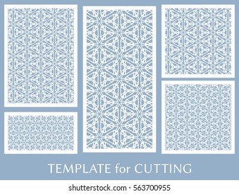 Decorative panels set for laser cutting. Geometric ornament for wedding invitation, envelope, greeting or business cards, Template for paper cut, printing, engraving wood, metal. Stencil manufacturing