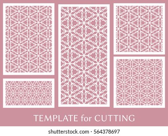 Decorative panels set for laser cutting. Geometric ornament for wedding invitation, envelope, greeting or business cards, Template for paper cut, printing, engraving wood, metal. Stencil manufacturing