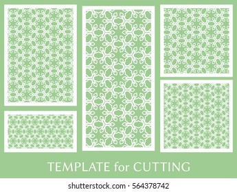 Decorative panels set for laser cutting. Geometric ornament for wedding invitation, envelope, greeting or business cards, Template for paper cut, printing, engraving wood, metal. Stencil manufacturing