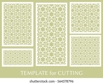Decorative panels set for laser cutting. Geometric ornament for wedding invitation, envelope, greeting or business cards, Template for paper cut, printing, engraving wood, metal. Stencil manufacturing