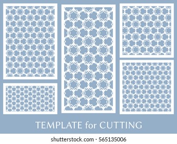 Decorative panels set for laser cutting. Geometric ornament for wedding invitation, envelope, greeting or business cards, Template for paper cut, printing, engraving wood, metal. Stencil manufacturing