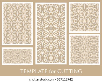Decorative panels set for laser cutting. Geometric ornament for wedding invitation, envelope, greeting or business cards, Template for paper cut, printing, engraving wood, metal. Stencil manufacturing