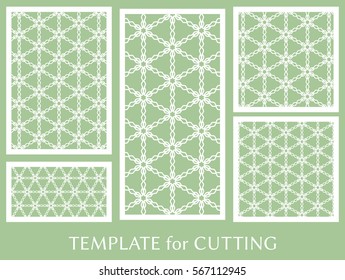 Decorative panels set for laser cutting. Geometric ornament for wedding invitation, envelope, greeting or business cards, Template for paper cut, printing, engraving wood, metal. Stencil manufacturing