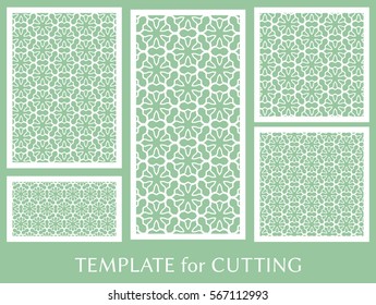 Decorative panels set for laser cutting. Geometric ornament for wedding invitation, envelope, greeting or business cards, Template for paper cut, printing, engraving wood, metal. Stencil manufacturing