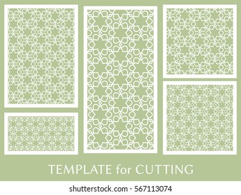 Decorative panels set for laser cutting. Geometric ornament for wedding invitation, envelope, greeting or business cards, Template for paper cut, printing, engraving wood, metal. Stencil manufacturing