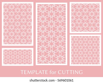 Decorative panels set for laser cutting. Geometric ornament for wedding invitation, envelope, greeting or business cards, Template for paper cut, printing, engraving wood, metal. Stencil manufacturing
