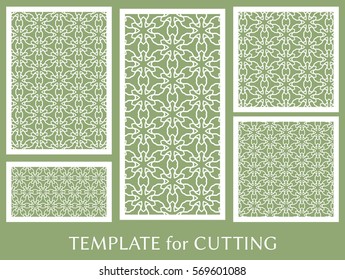 Decorative panels set for laser cutting. Geometric ornament for wedding invitation, envelope, greeting or business cards, Template for paper cut, printing, engraving wood, metal. Stencil manufacturing
