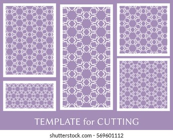 Decorative panels set for laser cutting. Geometric ornament for wedding invitation, envelope, greeting or business cards, Template for paper cut, printing, engraving wood, metal. Stencil manufacturing