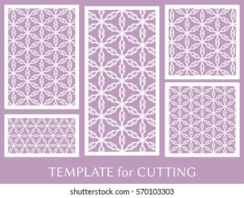 Decorative panels set for laser cutting. Geometric ornament for wedding invitation, envelope, greeting or business cards, Template for paper cut, printing, engraving wood, metal. Stencil manufacturing