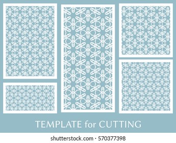 Decorative panels set for laser cutting. Geometric ornament for wedding invitation, envelope, greeting or business cards, Template for paper cut, printing, engraving wood, metal. Stencil manufacturing