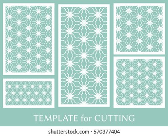 Decorative panels set for laser cutting. Geometric ornament for wedding invitation, envelope, greeting or business cards, Template for paper cut, printing, engraving wood, metal. Stencil manufacturing