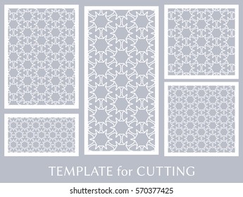 Decorative panels set for laser cutting. Geometric ornament for wedding invitation, envelope, greeting or business cards, Template for paper cut, printing, engraving wood, metal. Stencil manufacturing