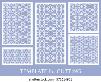 Decorative panels set for laser cutting. Geometric ornament for wedding invitation, envelope, greeting or business cards, Template for paper cut, printing, engraving wood, metal. Stencil manufacturing