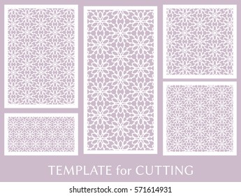 Decorative panels set for laser cutting. Geometric ornament for wedding invitation, envelope, greeting or business cards, Template for paper cut, printing, engraving wood, metal. Stencil manufacturing