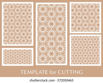 Decorative panels set for laser cutting. Geometric ornament for wedding invitation, envelope, greeting or business cards, Template for paper cut, printing, engraving wood, metal. Stencil manufacturing