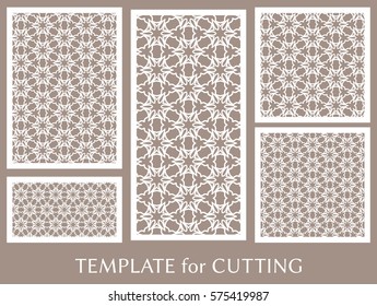 Decorative panels set for laser cutting. Geometric ornament for wedding invitation, envelope, greeting or business cards, Template for paper cut, printing, engraving wood, metal. Stencil manufacturing