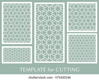 Decorative panels set for laser cutting. Geometric ornament for wedding invitation, envelope, greeting or business cards, Template for paper cut, printing, engraving wood, metal. Stencil manufacturing