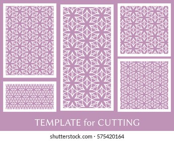 Decorative panels set for laser cutting. Geometric ornament for wedding invitation, envelope, greeting or business cards, Template for paper cut, printing, engraving wood, metal. Stencil manufacturing