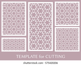Decorative panels set for laser cutting. Geometric ornament for wedding invitation, envelope, greeting or business cards, Template for paper cut, printing, engraving wood, metal. Stencil manufacturing