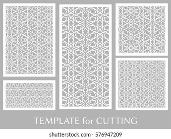 Decorative panels set for laser cutting. Geometric ornament for wedding invitation, envelope, greeting or business cards, Template for paper cut, printing, engraving wood, metal. Stencil manufacturing