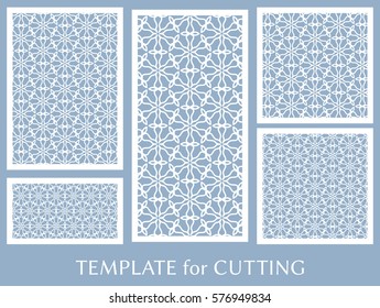 Decorative panels set for laser cutting. Geometric ornament for wedding invitation, envelope, greeting or business cards, Template for paper cut, printing, engraving wood, metal. Stencil manufacturing