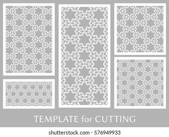 Decorative panels set for laser cutting. Geometric ornament for wedding invitation, envelope, greeting or business cards, Template for paper cut, printing, engraving wood, metal. Stencil manufacturing