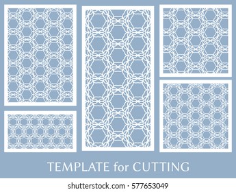 Decorative panels set for laser cutting. Geometric ornament for wedding invitation, envelope, greeting or business cards, Template for paper cut, printing, engraving wood, metal. Stencil manufacturing