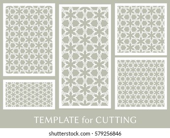 Decorative panels set for laser cutting. Geometric ornament for wedding invitation, envelope, greeting or business cards, Template for paper cut, printing, engraving wood, metal. Stencil manufacturing