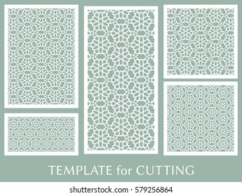 Decorative panels set for laser cutting. Geometric ornament for wedding invitation, envelope, greeting or business cards, Template for paper cut, printing, engraving wood, metal. Stencil manufacturing