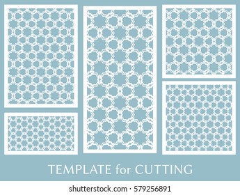 Decorative panels set for laser cutting. Geometric ornament for wedding invitation, envelope, greeting or business cards, Template for paper cut, printing, engraving wood, metal. Stencil manufacturing