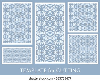 Decorative panels set for laser cutting. Geometric ornament for wedding invitation, envelope, greeting or business cards, Template for paper cut, printing, engraving wood, metal. Stencil manufacturing