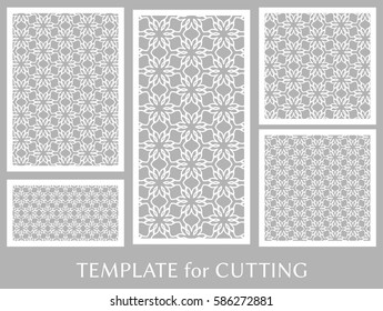 Decorative panels set for laser cutting. Geometric ornament for wedding invitation, envelope, greeting or business cards, Template for paper cut, printing, engraving wood, metal. Stencil manufacturing