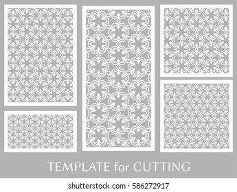Decorative panels set for laser cutting. Geometric ornament for wedding invitation, envelope, greeting or business cards, Template for paper cut, printing, engraving wood, metal. Stencil manufacturing