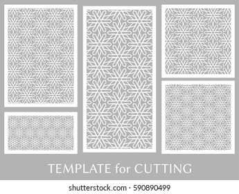 Decorative panels set for laser cutting. Geometric ornament for wedding invitation, envelope, greeting or business cards, Template for paper cut, printing, engraving wood, metal. Stencil manufacturing