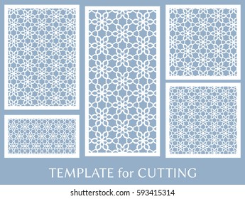 Decorative panels set for laser cutting. Geometric ornament for wedding invitation, envelope, greeting or business cards, Template for paper cut, printing, engraving wood, metal. Stencil manufacturing