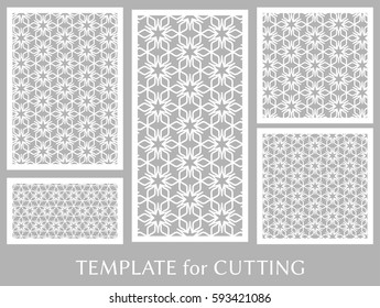 Decorative panels set for laser cutting. Geometric ornament for wedding invitation, envelope, greeting or business cards, Template for paper cut, printing, engraving wood, metal. Stencil manufacturing