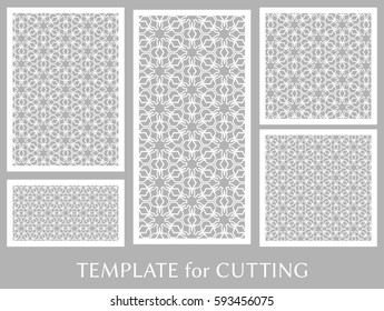 Decorative panels set for laser cutting. Geometric ornament for wedding invitation, envelope, greeting or business cards, Template for paper cut, printing, engraving wood, metal. Stencil manufacturing