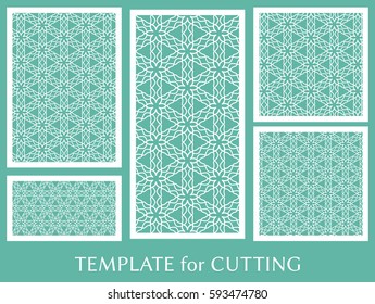 Decorative panels set for laser cutting. Geometric ornament for wedding invitation, envelope, greeting or business cards, Template for paper cut, printing, engraving wood, metal. Stencil manufacturing