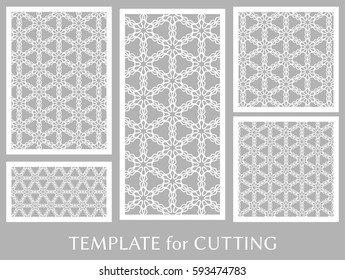 Decorative panels set for laser cutting. Geometric ornament for wedding invitation, envelope, greeting or business cards, Template for paper cut, printing, engraving wood, metal. Stencil manufacturing