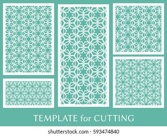 Decorative panels set for laser cutting. Geometric ornament for wedding invitation, envelope, greeting or business cards, Template for paper cut, printing, engraving wood, metal. Stencil manufacturing