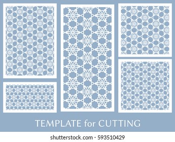 Decorative panels set for laser cutting. Geometric ornament for wedding invitation, envelope, greeting or business cards, Template for paper cut, printing, engraving wood, metal. Stencil manufacturing