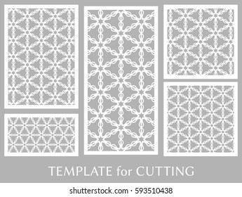 Decorative panels set for laser cutting. Geometric ornament for wedding invitation, envelope, greeting or business cards, Template for paper cut, printing, engraving wood, metal. Stencil manufacturing
