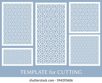 Decorative panels set for laser cutting. Geometric ornament for wedding invitation, envelope, greeting or business cards, Template for paper cut, printing, engraving wood, metal. Stencil manufacturing