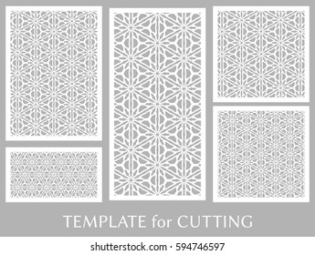 Decorative panels set for laser cutting. Geometric ornament for wedding invitation, envelope, greeting or business cards, Template for paper cut, printing, engraving wood, metal. Stencil manufacturing