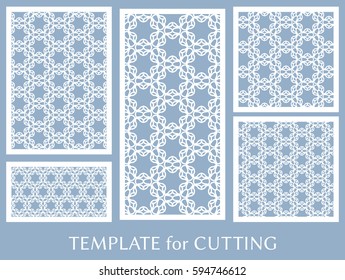 Decorative panels set for laser cutting. Geometric ornament for wedding invitation, envelope, greeting or business cards, Template for paper cut, printing, engraving wood, metal. Stencil manufacturing
