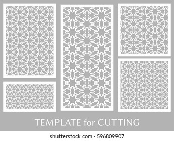 Decorative panels set for laser cutting. Geometric ornament for wedding invitation, envelope, greeting or business cards, Template for paper cut, printing, engraving wood, metal. Stencil manufacturing