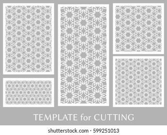 Decorative panels set for laser cutting. Geometric ornament for wedding invitation, envelope, greeting or business cards, Template for paper cut, printing, engraving wood, metal. Stencil manufacturing