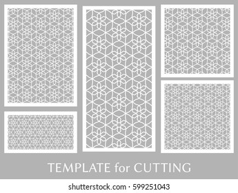 Decorative panels set for laser cutting. Geometric ornament for wedding invitation, envelope, greeting or business cards, Template for paper cut, printing, engraving wood, metal. Stencil manufacturing